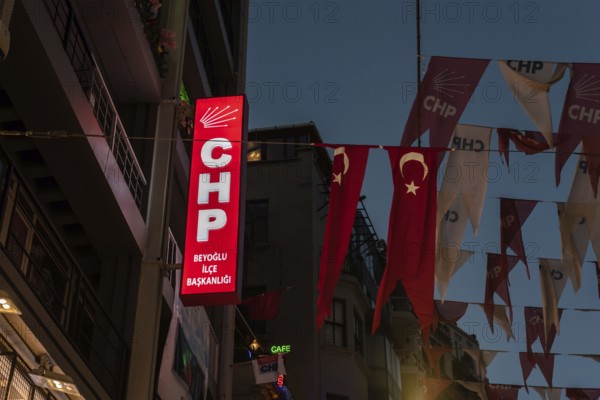 Istanbul, Turkey. October 5th 2021 Illuminated sign for the Beyoglu office of the CHP political