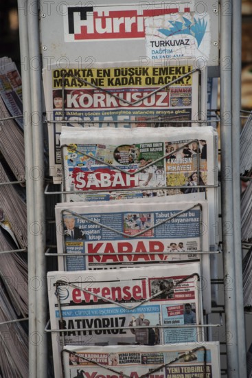 Istanbul, Turkey. November 28th 2020 Turkish newspapers for sale at a vendors stall in Istanbul