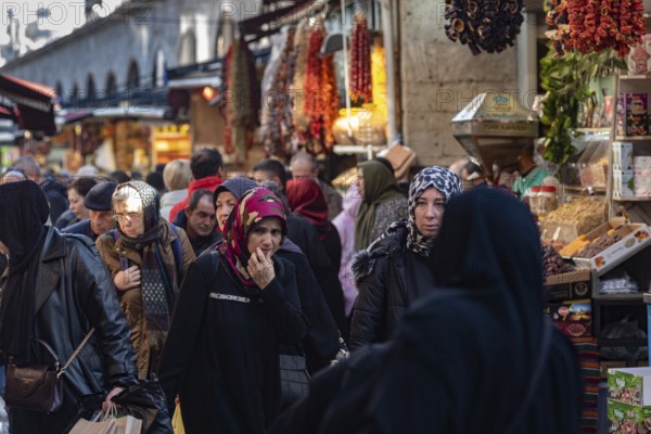 Istanbul, Turkey. November 21st 2023 A crowded bazaar with Turkish women shopping in a local