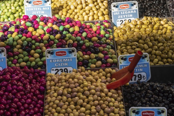 Istanbul, Turkey. November 21st 2023 Brightly coloured local Turkish olives displayed for sale in