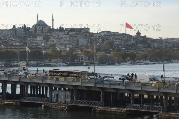 Istanbul, Turkey. November 14th 2023 Heavy traffic crossing a road bridge over the Golden Horn or