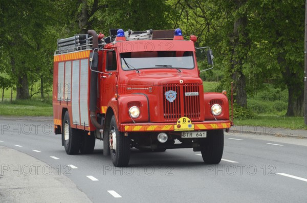 Scania veteran fire truck built in 1974 at fire truck rally in Ystad, Skåne County, Sweden,