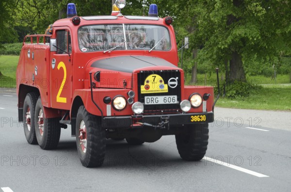 Volvo veteran fire truck built in 1956 at fire truck rally in Ystad, Skåne County, Sweden,