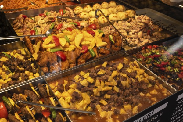 Istanbul, Turkey. August 3rd 2021 Trays of Mixed Traditional Turkish Food inside a Typical Turkish