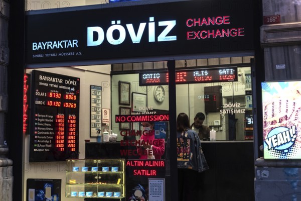 Istanbul, Turkey. October 5th 2021 Turkish currency exchange office on the busy shopping district,