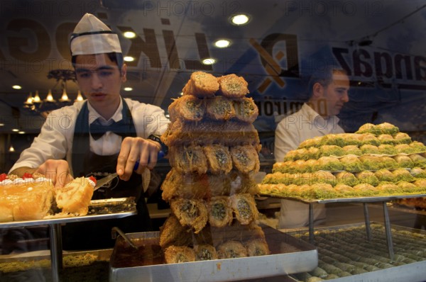 Istanbul, Turkey, February 23rd 2018. Baklava for sale in a Turkish sweetshop along Istiklal