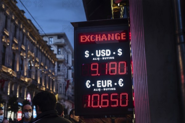 Istanbul, Turkey. October 18th 2021 Illuminated sign showing the Turkish Lira currency exchange