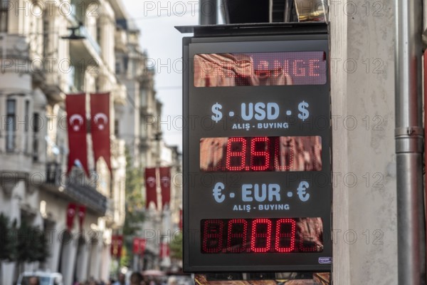 Istanbul, Turkey. September 18th 2021 Turkish currency exchange office long Istiklal Street, Taksim