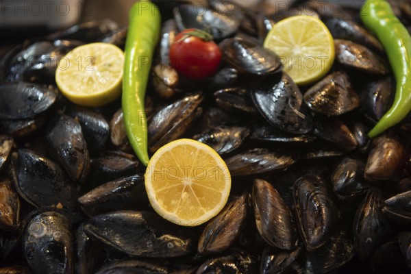 Istanbul, Turkey. November 30th 2020 Midye, Traditional Turkish stuffed mussels for sale on a