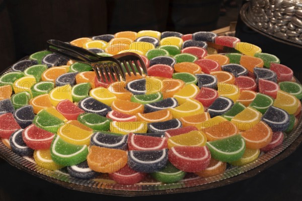 August 2nd 2021 Istanbul, Turkey Turkish Candy in a Shop Window Cafes, Bars and Restaurants in the