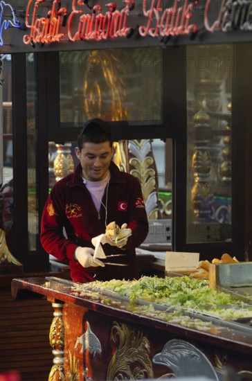 Istanbul, Turkey. December 19th 2014 Fish sandwich's being sold from a boat on the Golden Horn,