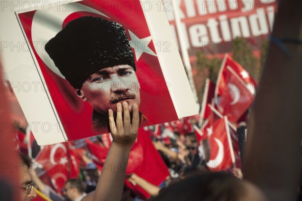 Taksim Square, Istanbul, Turkey. July 24th 2016 Portraits of Atatürk among Turkish flag waving