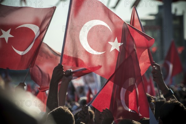 Taksim Square, Istanbul, Turkey. July 24th 2016 Turkish flag waving supporters after the Akp