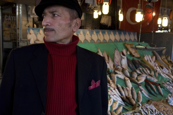 Istanbul, Turkey. January 12th 2010 Selling fish in the market, Istanbul, Turkey