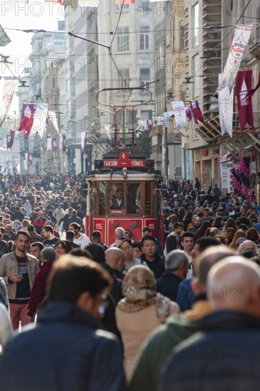 Istanbul, Turkey. November 30th 2019 A traditional Turkish tram along a crowded Istiklal street,