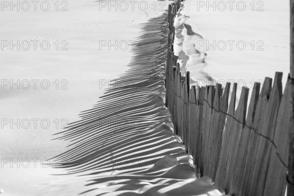 A black and white landscape of a wooden fence casting long shadows on smooth snow, creating a