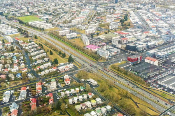 Aerial image of Reykjavik, Iceland, displaying a detailed urban layout with dense housing and