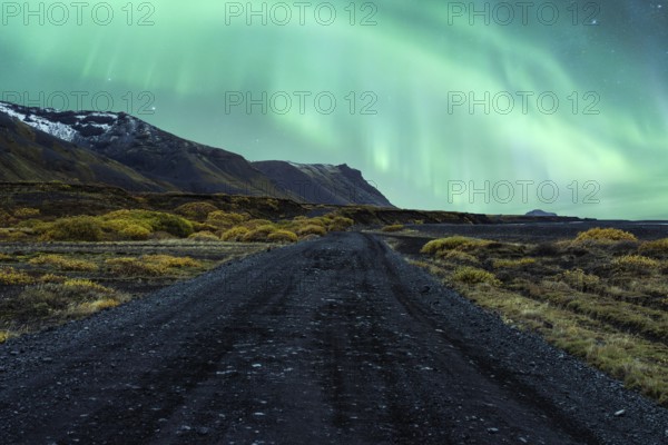 Majestic Northern Lights dancing over a rugged Icelandic landscape with a winding gravel road
