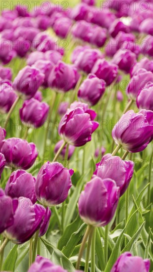 A lush field of vibrant pink tulips in full bloom, swaying gently under the warm sunlight. The