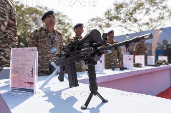A precision rifle is showcased during a weapon exhibition by the Central Reserve Police Force at