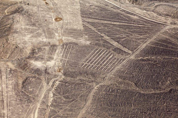Nazca geoglyphs are visible on the dry surface landscape of the desert, the geoglyphs and drawings