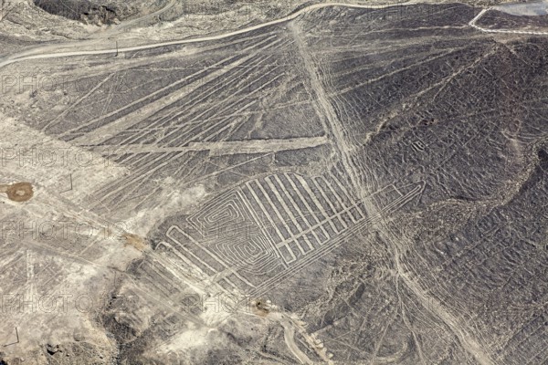 Line works of art in the vast desert landscape of the Nazca region, Peru, The geoglyphs and