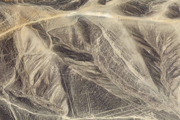 Impressive geoglyph structures in the hilly landscape of Nazca, the geoglyphs and paintings in the
