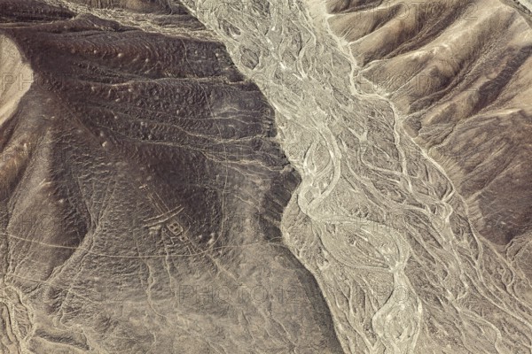 Ancient lines and patterns in a dry desert landscape, the geoglyphs and drawings in the desert near