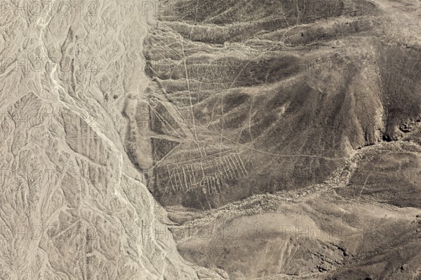 View of lines and geometric patterns drawing the barren landscape, the geoglyphs and drawings in