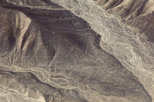 Detailed geoglyphs on a desert plain with adjacent mountain range, the geoglyphs and images in the