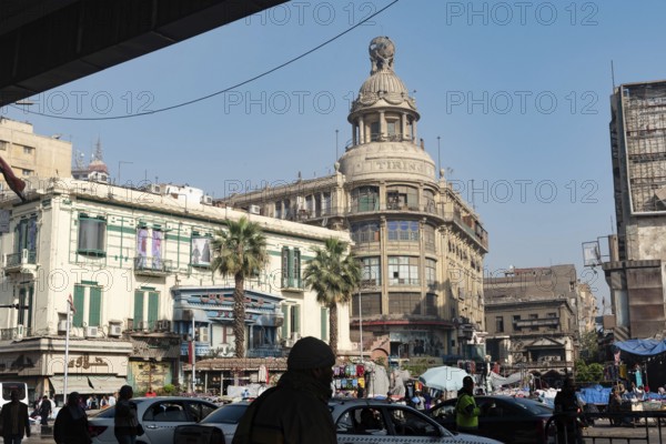 Cairo, Egypt. December 7th 2022 Busy Traffic crossing Attaba Square in front of the famous Tiring