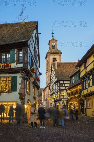 Colour-illuminated and Christmassy decorated half-timbered houses, blue hour, Christmas market,