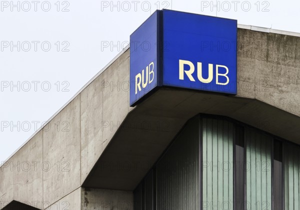 Ruhr-Universität Bochum, abbreviated RUB, with the logo on a university building, Bochum, North
