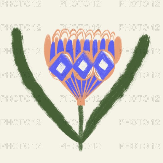 A vibrant digital illustration depicting a stylized spring flower with orange and blue petals, set