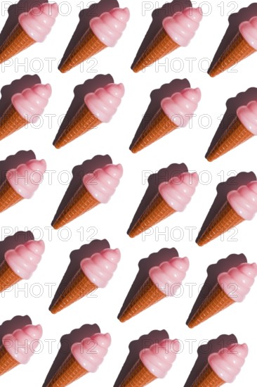 A repeating pattern of pink plastic ice cream cones on a white background symbolizes the
