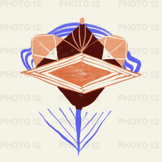 A unique illustration featuring a vibrant, organic geometric composition. Central elements include