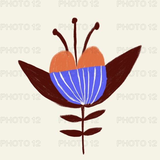 A vividly colored illustration of a stylized spring flower with orange and blue petals, set against