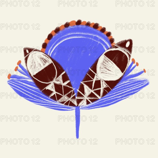 A vibrant digital artwork featuring stylized petals in blue and orange tones, centered with a bold