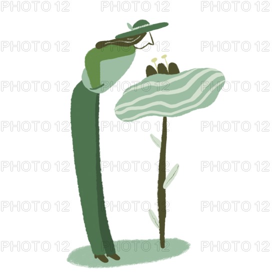 A minimalist illustration of a figure with a hat interacting with a large, abstract green flower