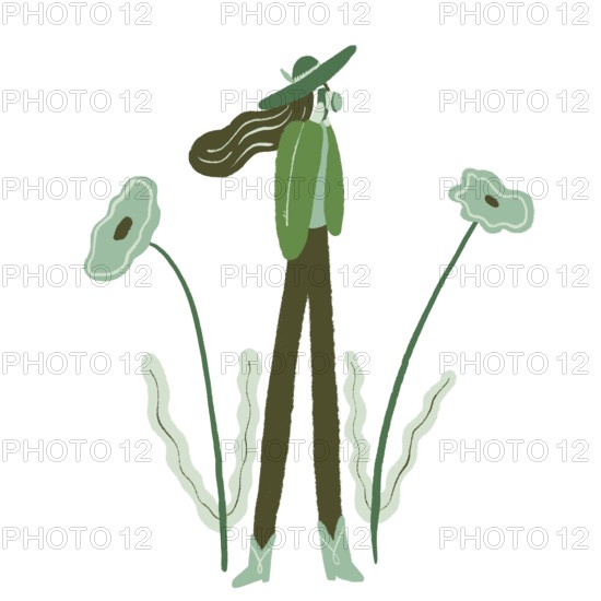 A whimsical green illustration showcasing a stylish character exploring nature, surrounded by
