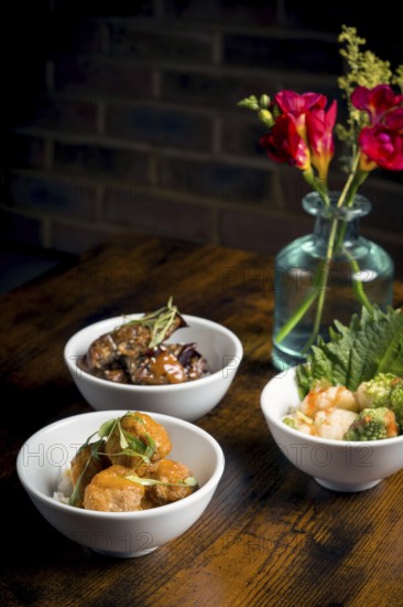 A styled display featuring tempura mushrooms in curry sauce and aubergine stew served over rice