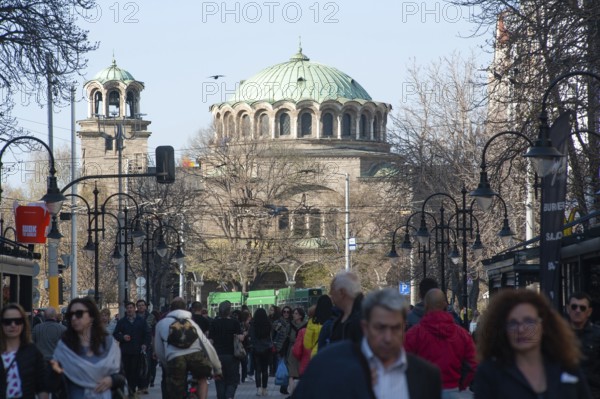 Sofia, Bulgaria, April 1st 2019. Sveta Nedelya Church and Vitousha Blvd, Sofia City Center,