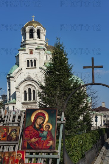 Sofia, Bulgaria, March 30th 2019. Religious Icons for sale at a flea market near Alexander Nevski
