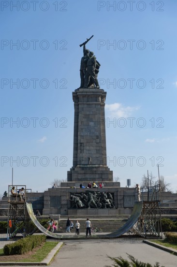 Sofia, Bulgaria. March 30th 2019 Young Bulgarians Skateboarding beside the Monument to the Soviet