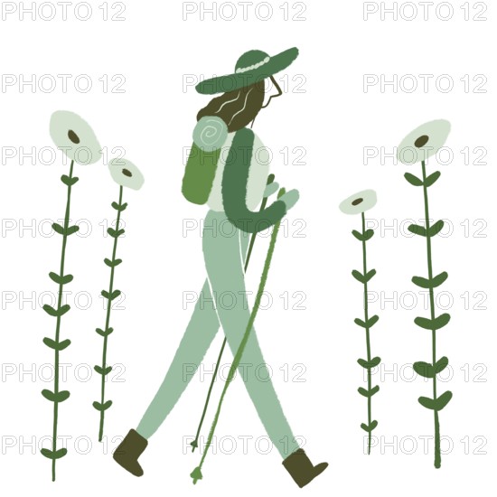 Illustration of a woman in green attire hiking beside tall green flowers The minimalist design