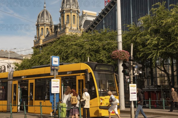 Budapest, Hungary. October 1st 2023 Passengers board a Hungarian city tram outside the Nyugati