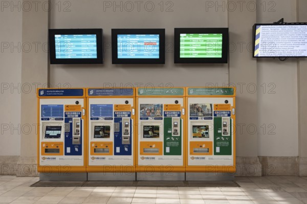 Budapest, Hungary. October 1st 2023 Automatic ticket machines and time table display screens at