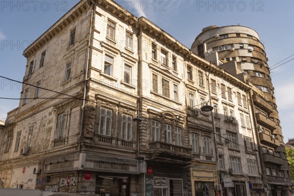 Bucharest, Romania. October 29th 2023. Mixed styles of faded architecture of the historical Old