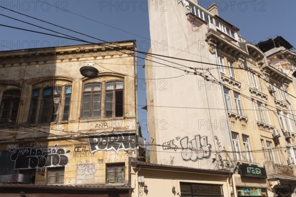 Bucharest, Romania. October 29th 2023. Graffiti covered crumbling architecture of the historical