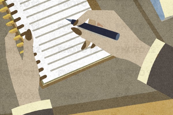 A person writes in a notebook using a pen, focusing intently on the task The setting is a